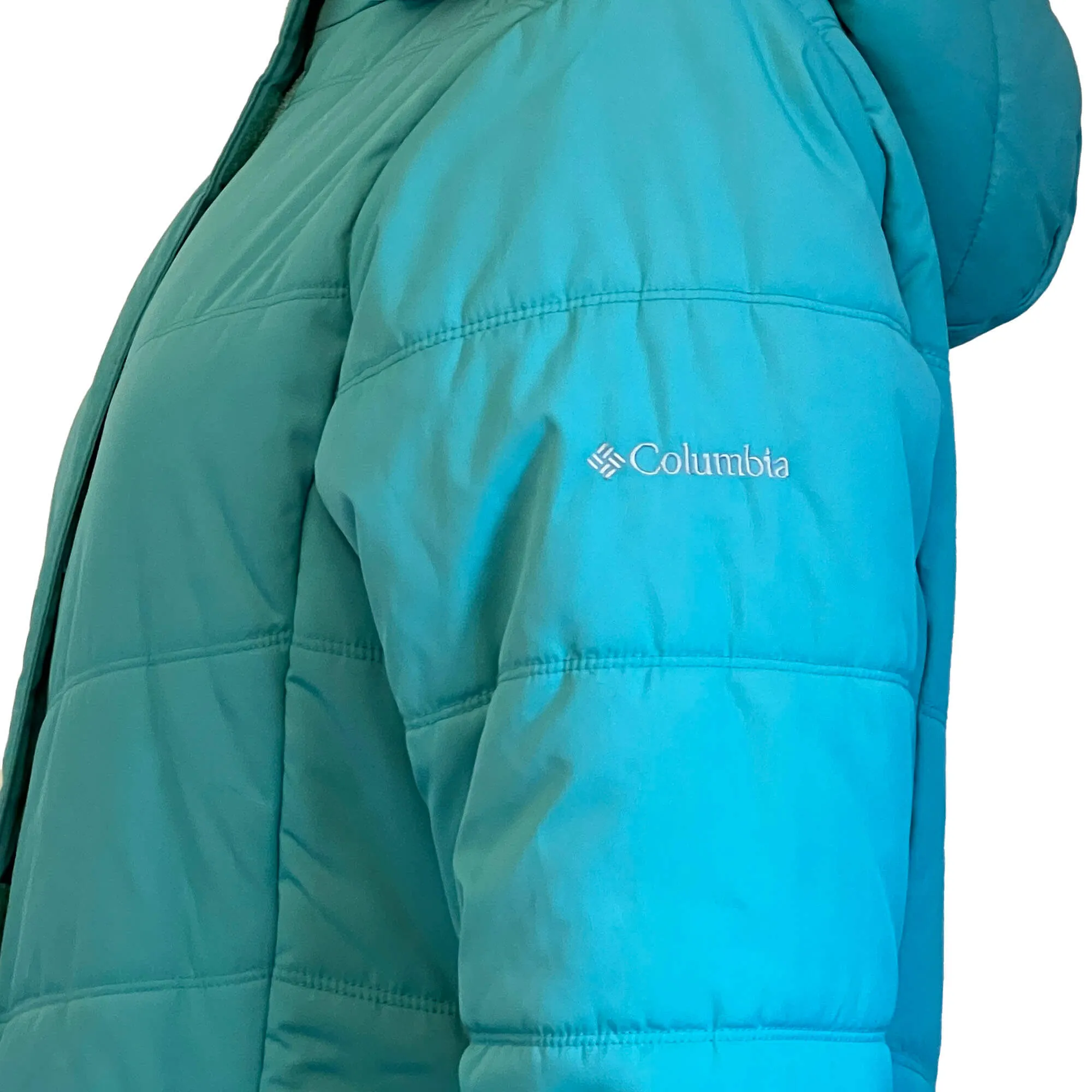 Women's Columbia Teal Blue Parka Jacket. Size L. Faux Fur Trim