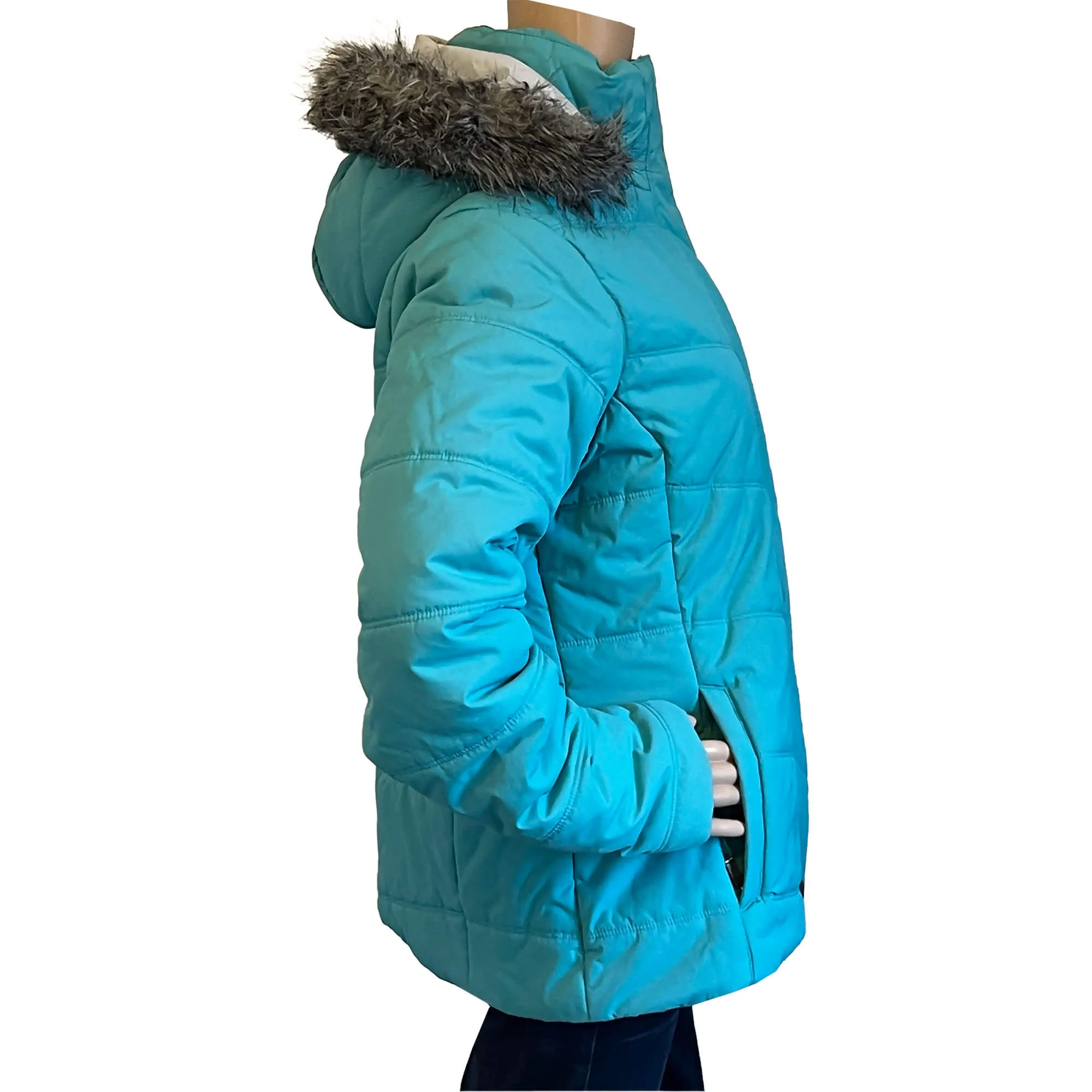 Women's Columbia Teal Blue Parka Jacket. Size L. Faux Fur Trim