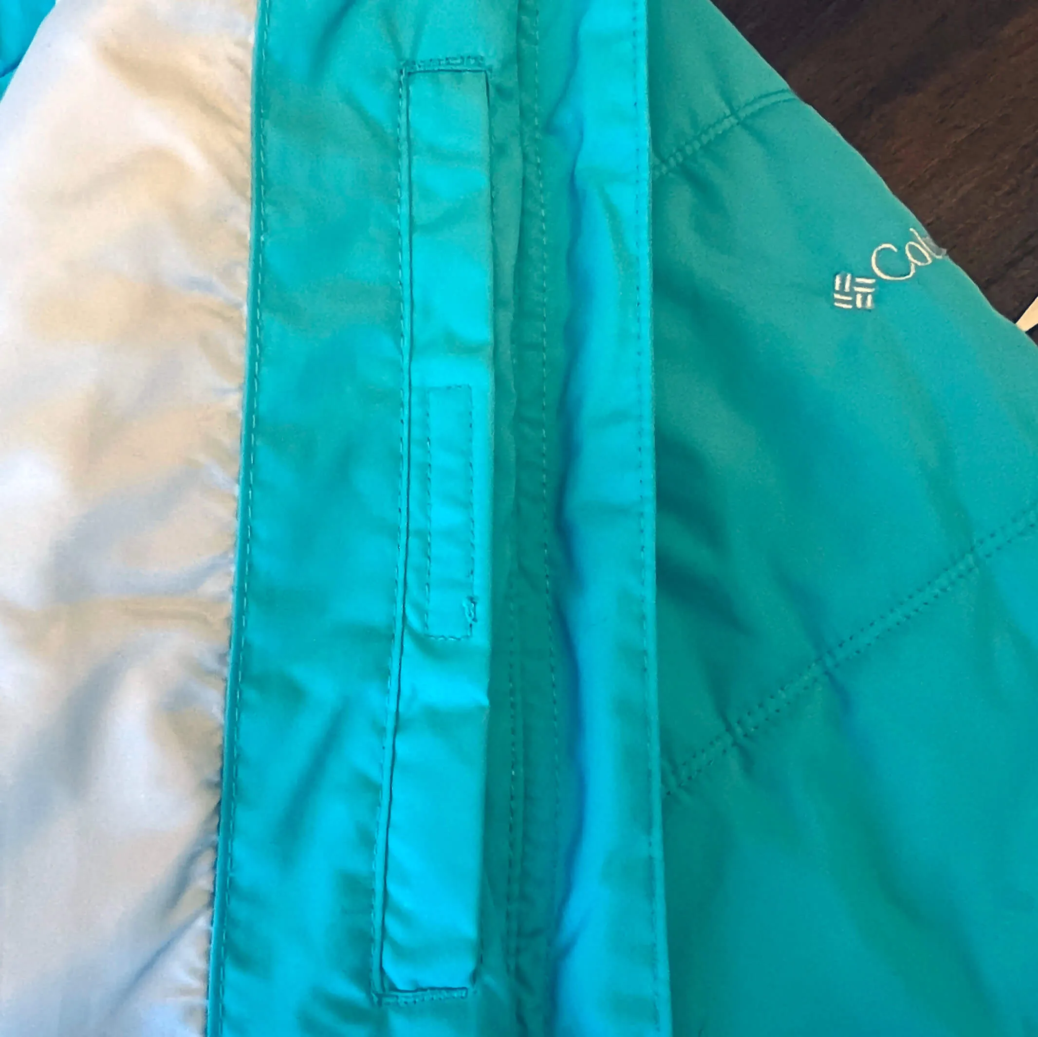Women's Columbia Teal Blue Parka Jacket. Size L. Faux Fur Trim