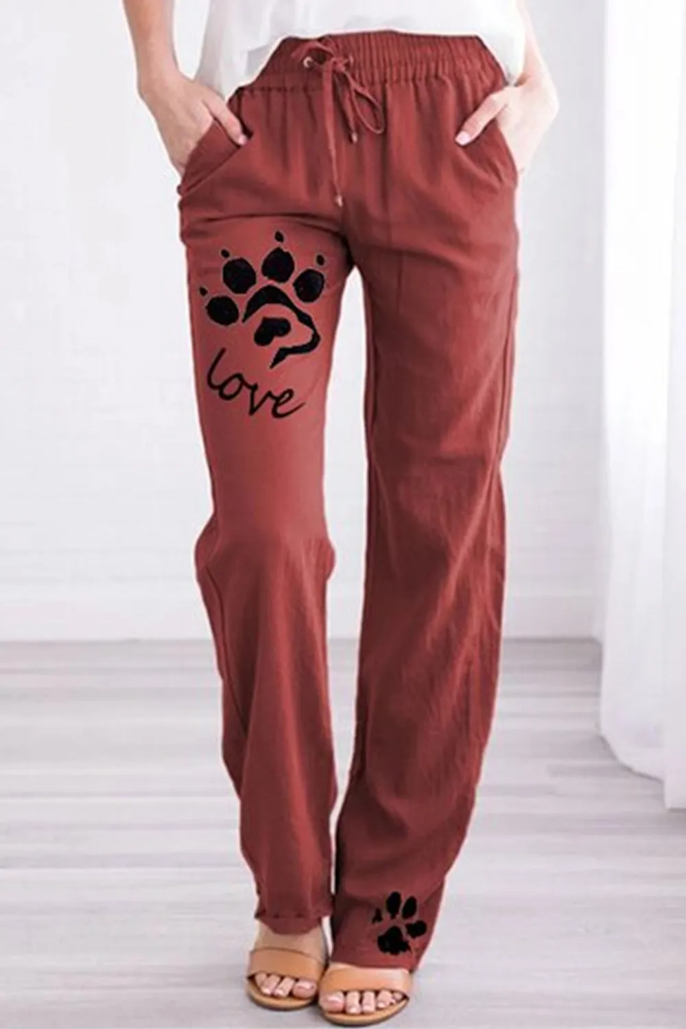 Women's Plus Size Cotton And Linen Dog Paw Print Casual Pants