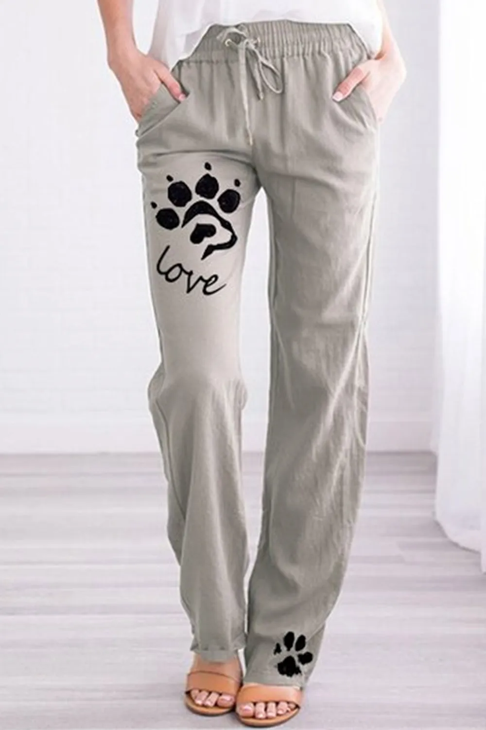 Women's Plus Size Cotton And Linen Dog Paw Print Casual Pants