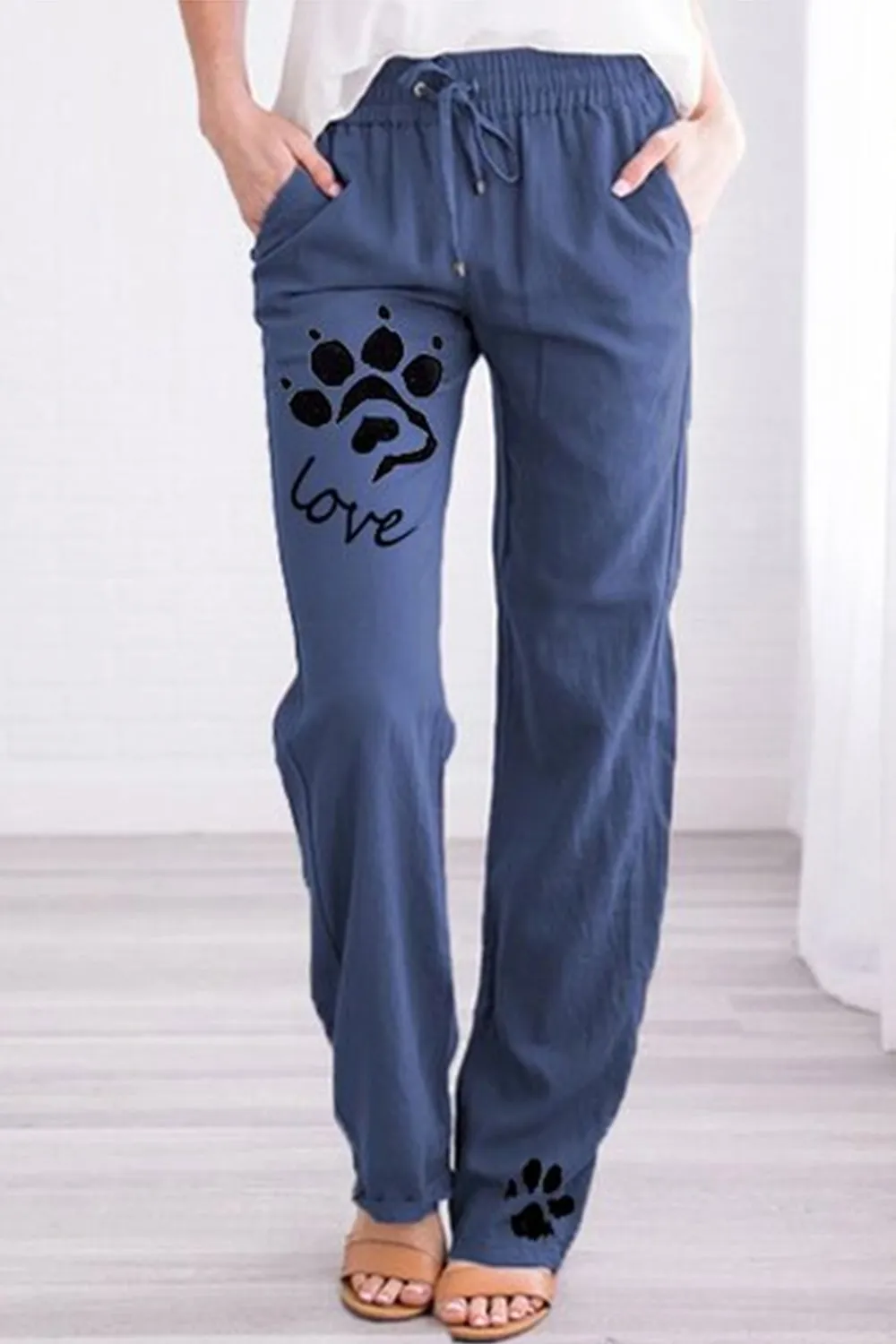 Women's Plus Size Cotton And Linen Dog Paw Print Casual Pants