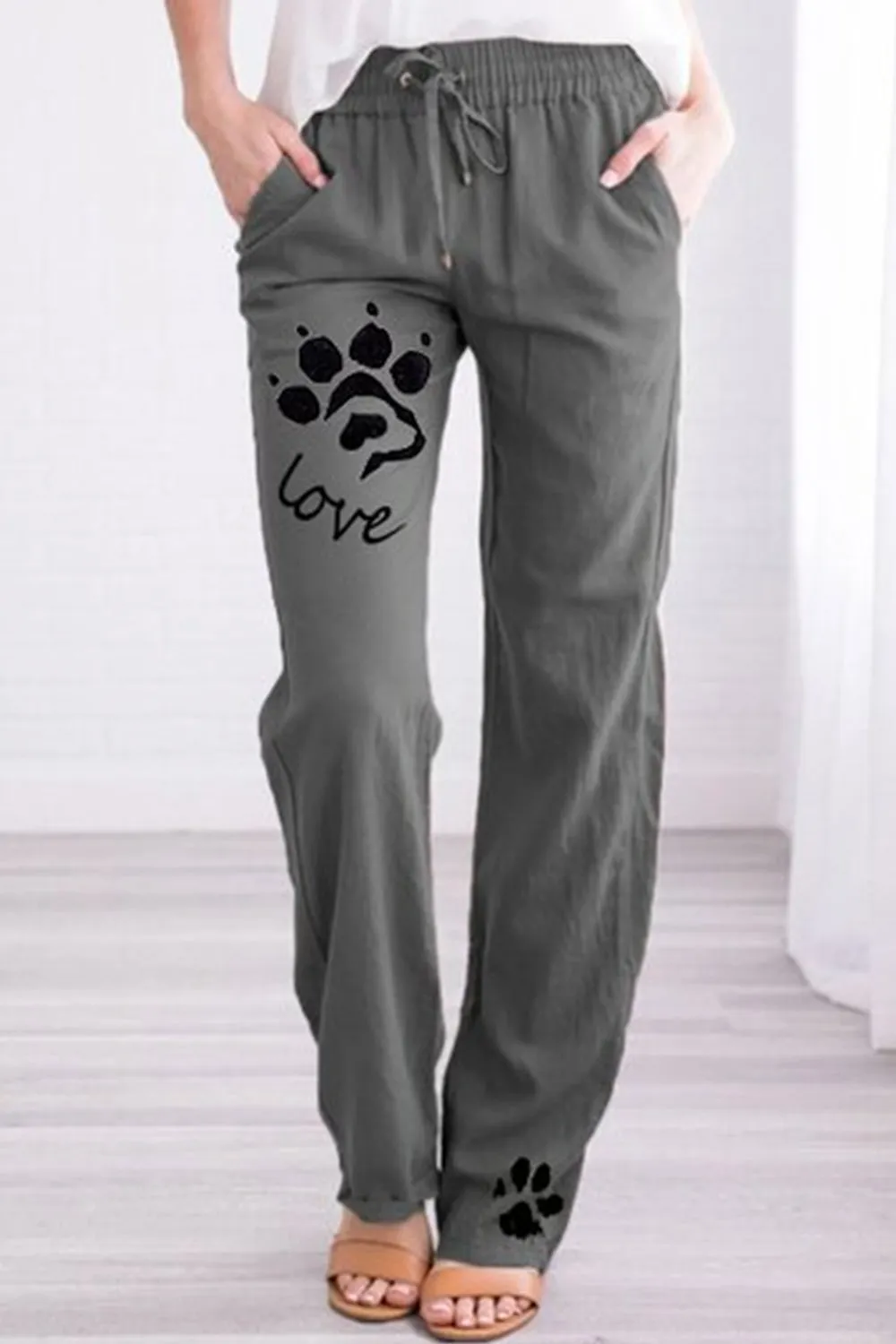 Women's Plus Size Cotton And Linen Dog Paw Print Casual Pants