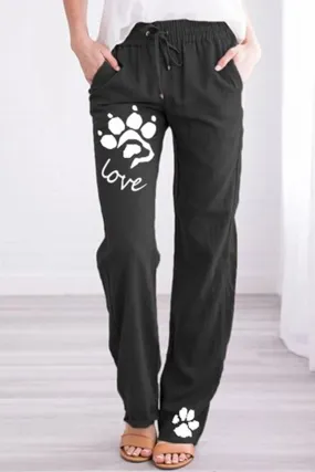 Women's Plus Size Cotton And Linen Dog Paw Print Casual Pants