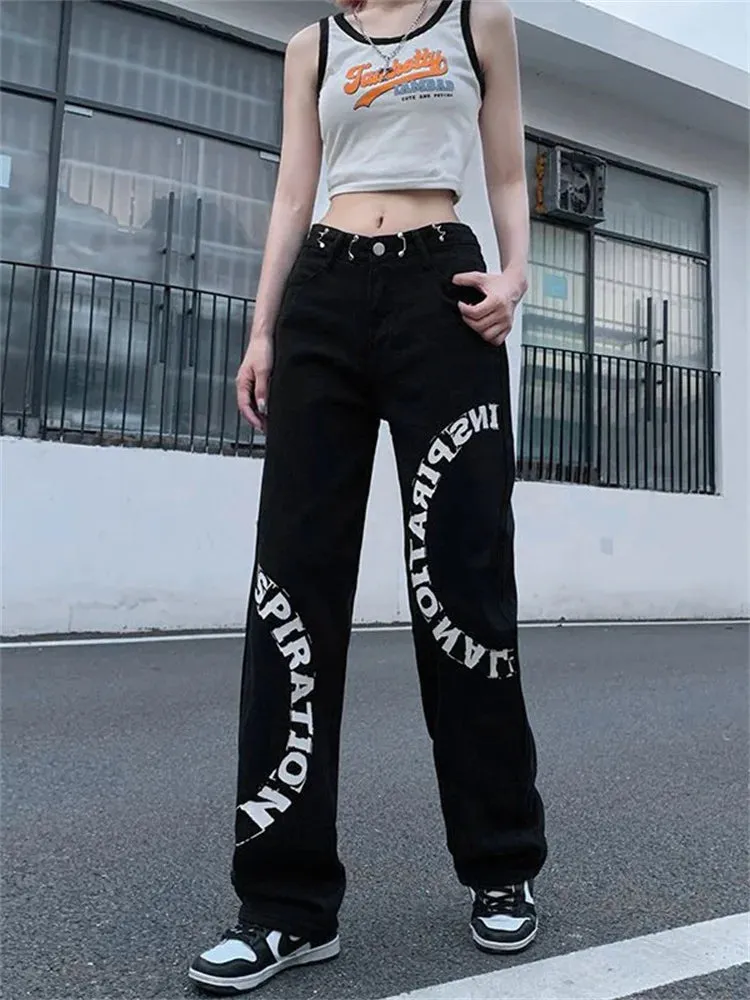 Y2K Streetwear Jeans mit inspirierendem Print in Schwarz und Weiß