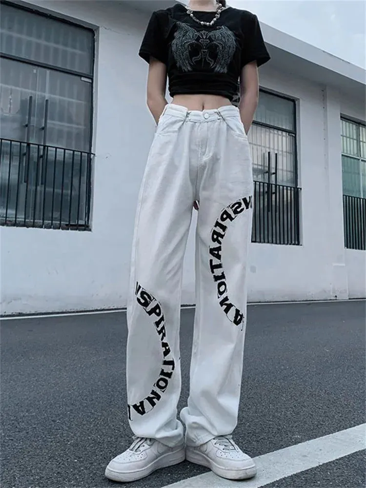 Y2K Streetwear Jeans mit inspirierendem Print in Schwarz und Weiß
