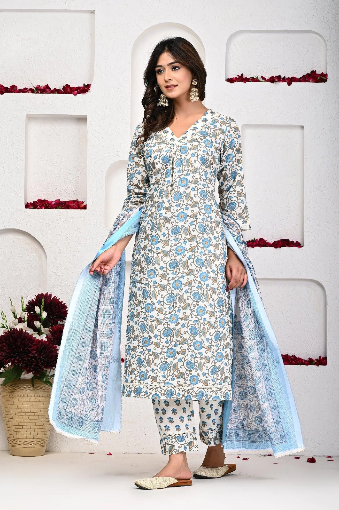 Yellow Flower Print V-Neck Dupatta Set Kurti for Women