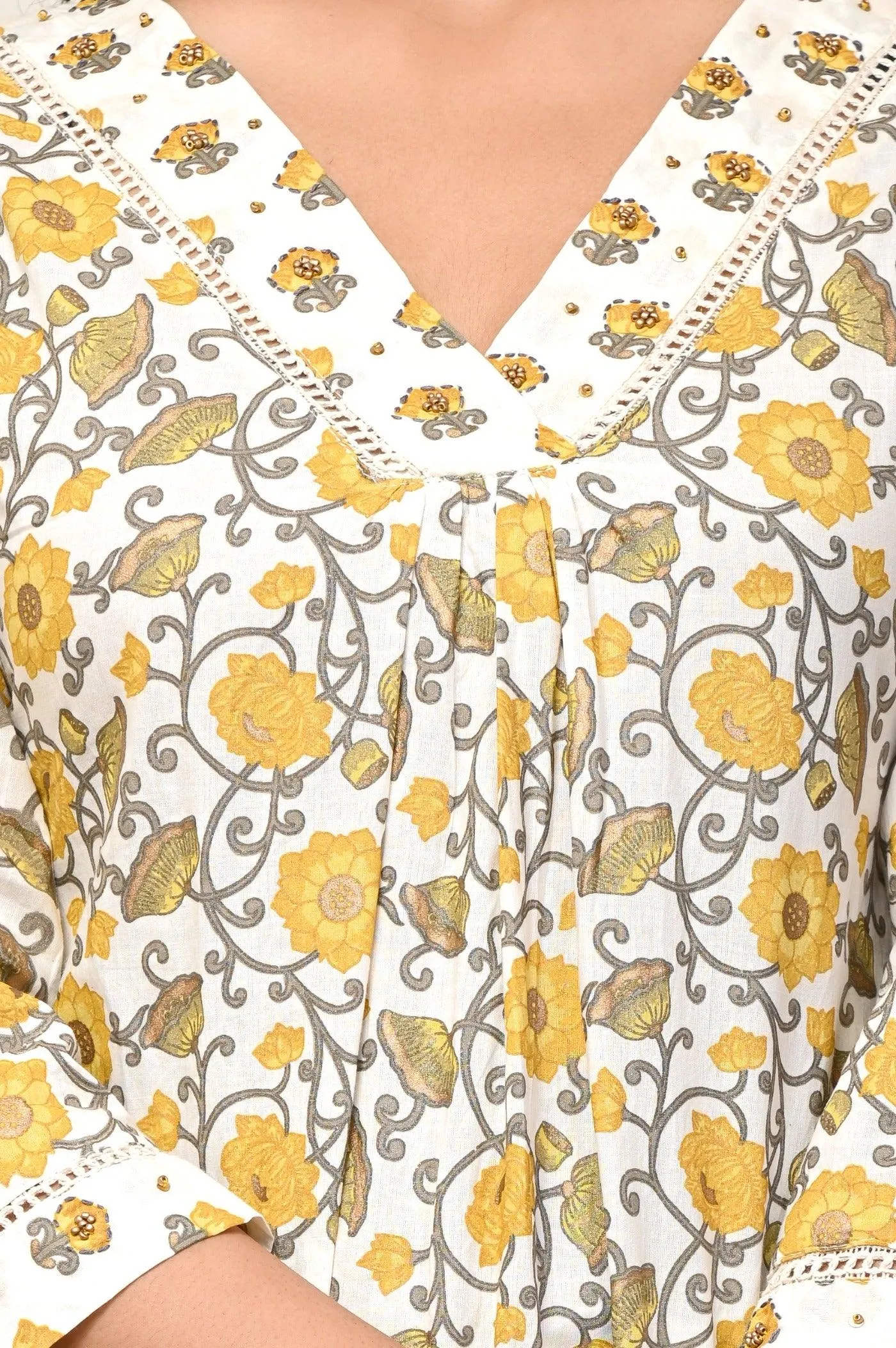 Yellow Flower Print V-Neck Dupatta Set Kurti for Women